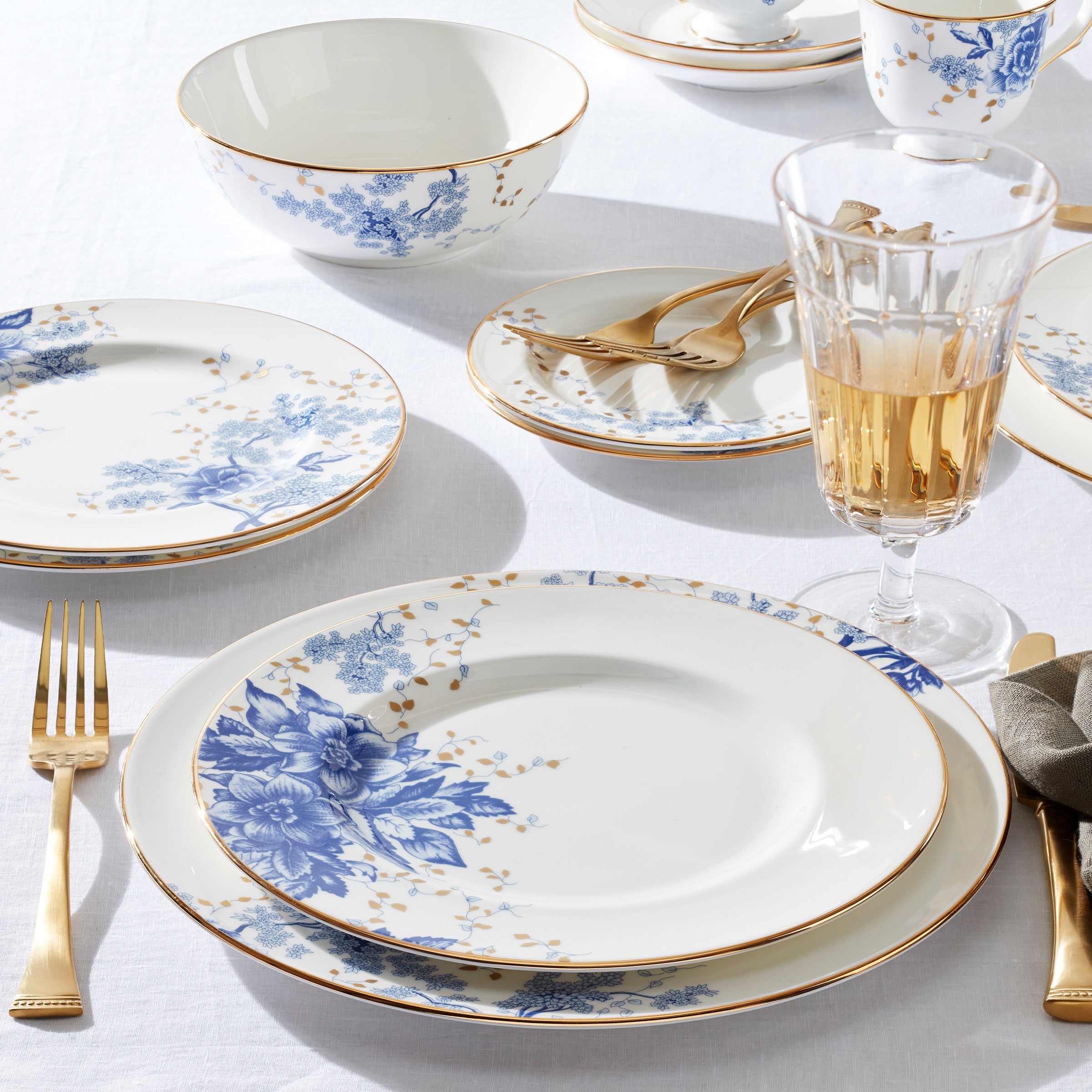 Blue Floral Bone China Dinner Plate with Gold Trim - Image 4