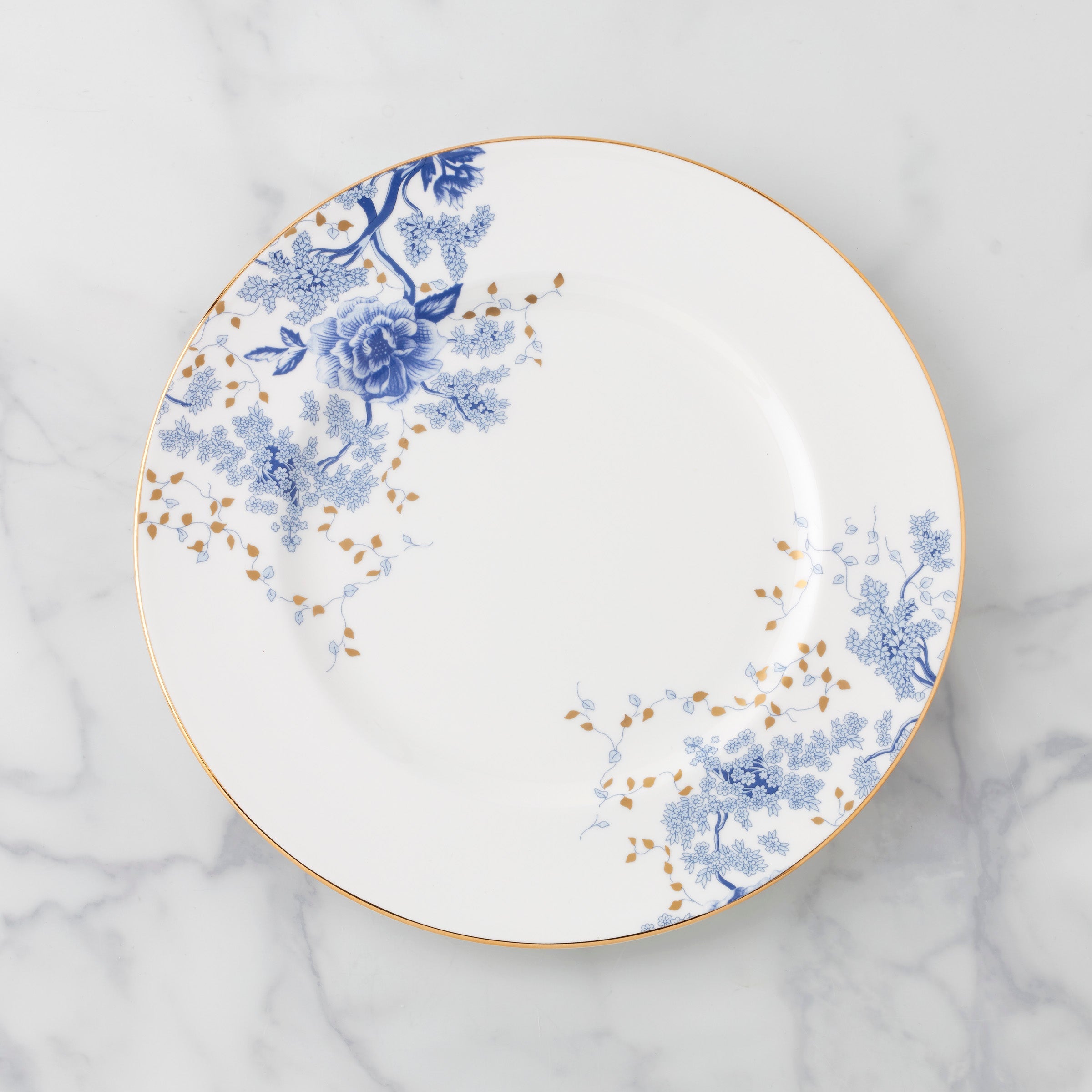 Blue Floral Bone China Dinner Plate with Gold Trim