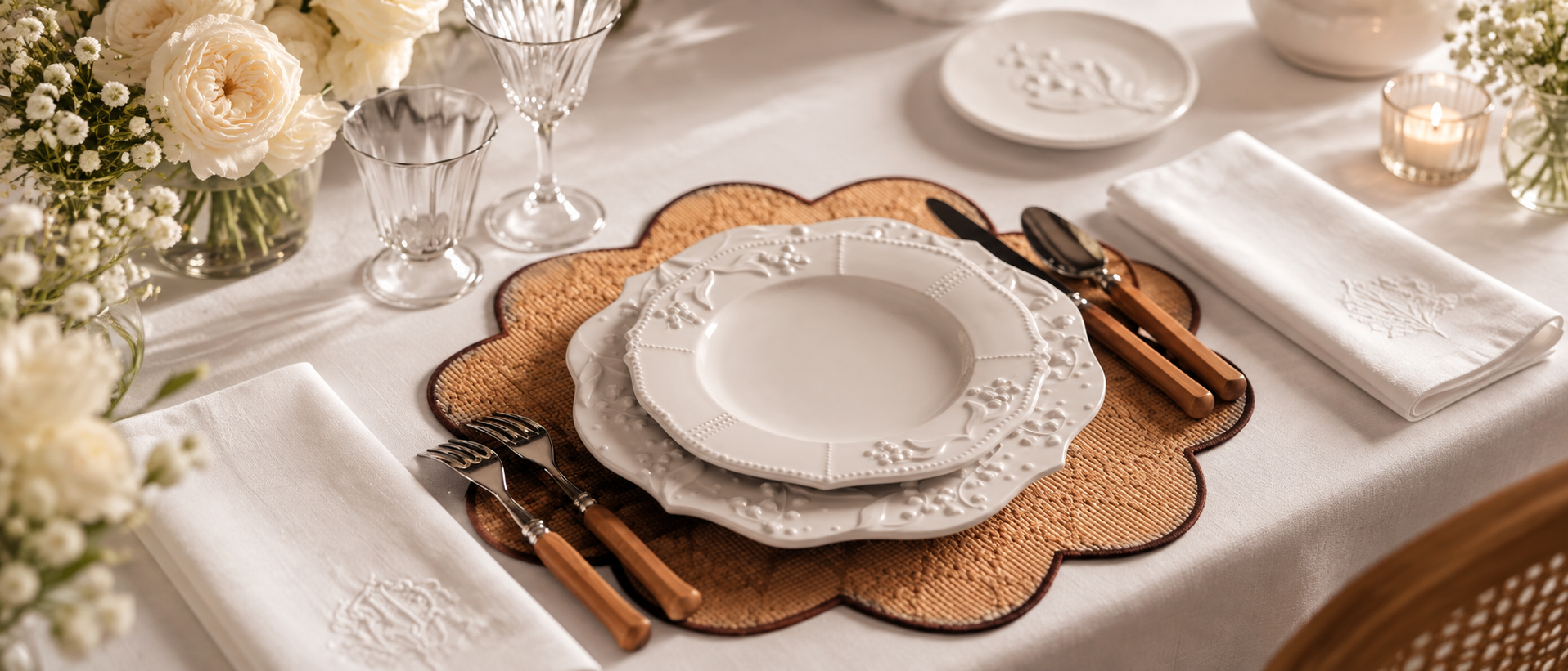 Tableware and dining pieces arranged in a warm interior
