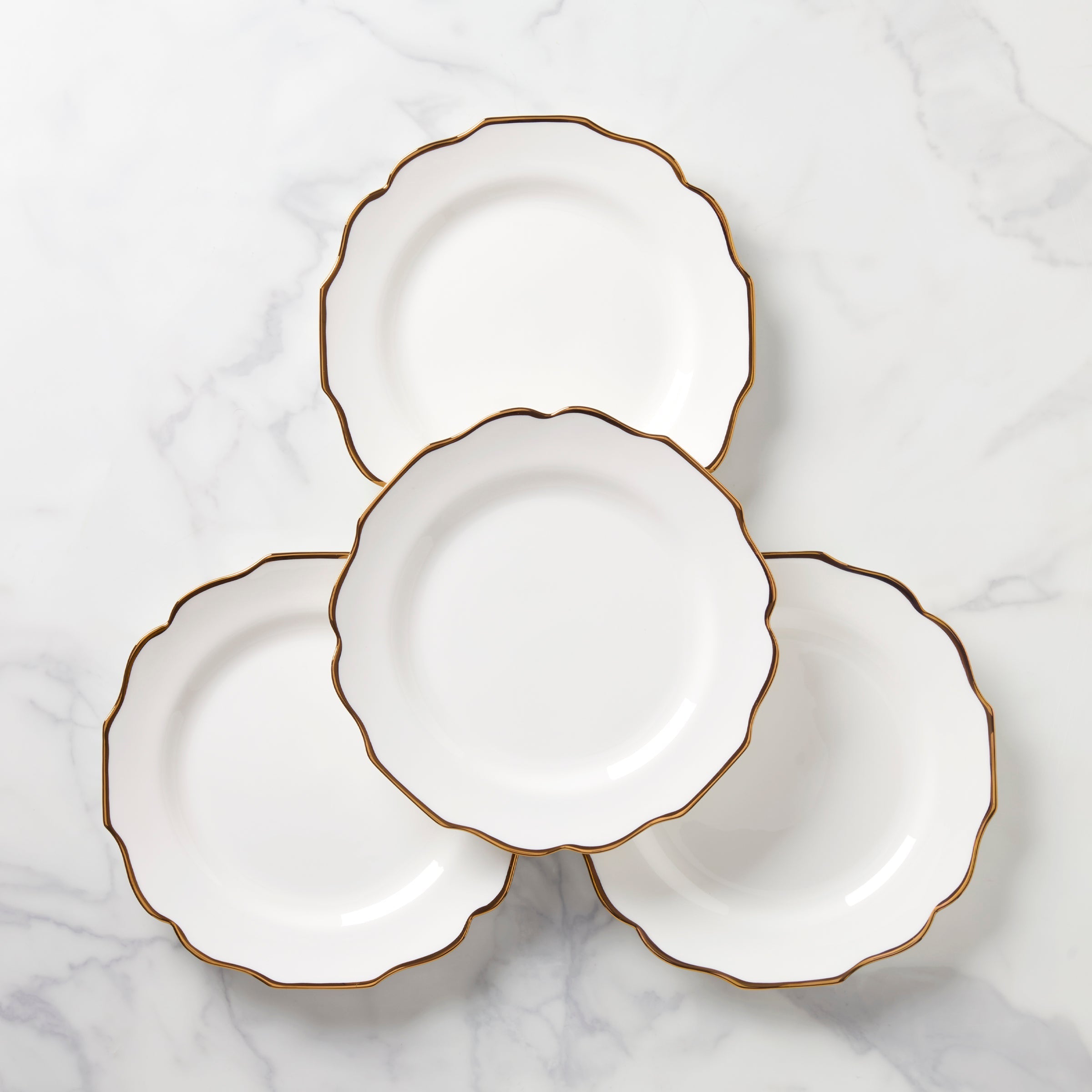 White Scalloped Dinner Plates with Gold Rim, Set of 4